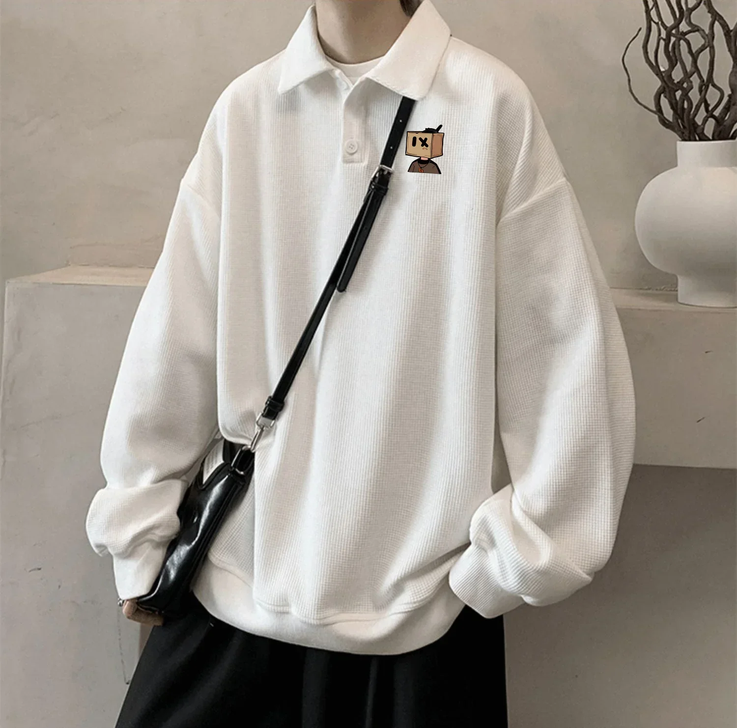American Retro Pullover felpa con colletto da uomo primavera autunno vestibilità ampia Ins Polo a maniche lunghe minimalista grigio alla moda