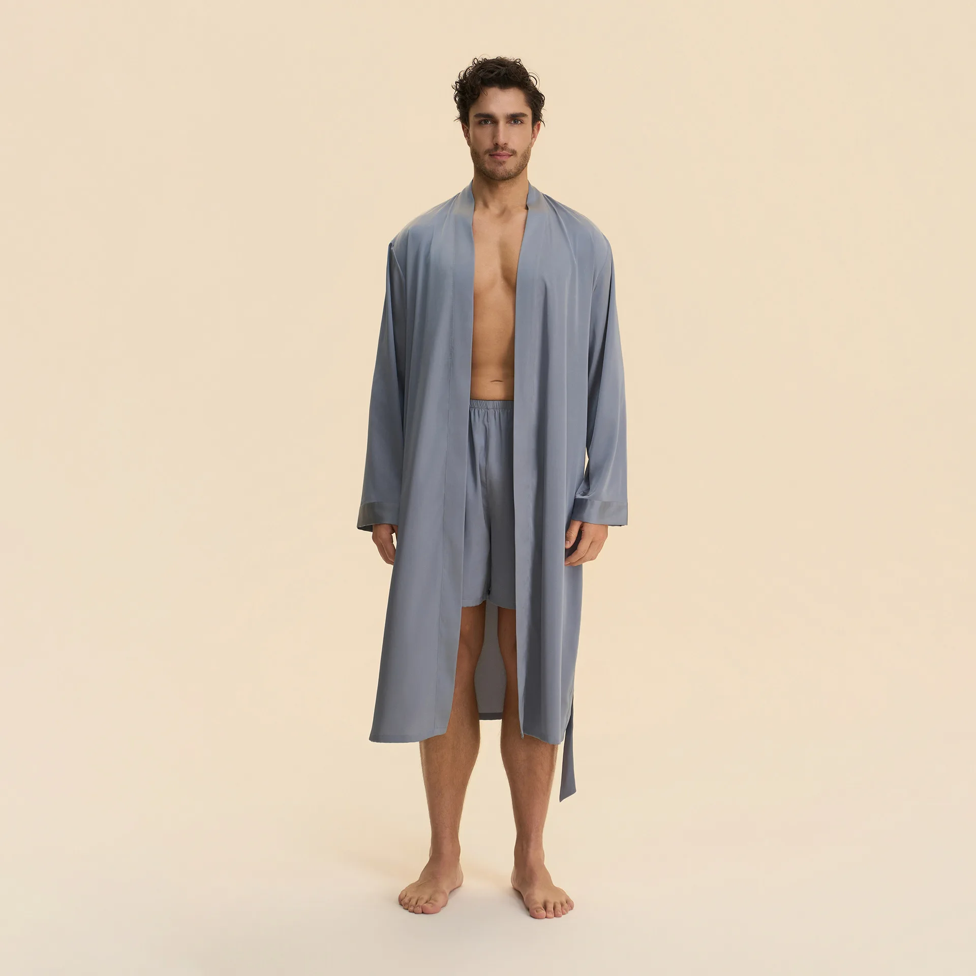 New Men Long Robe Pajamas Two-Piece Set Silk Satin Sleepwear Homewear Casual Kimono Bathrobe Gown Shorts Loungewear Pijamas Suit view 3