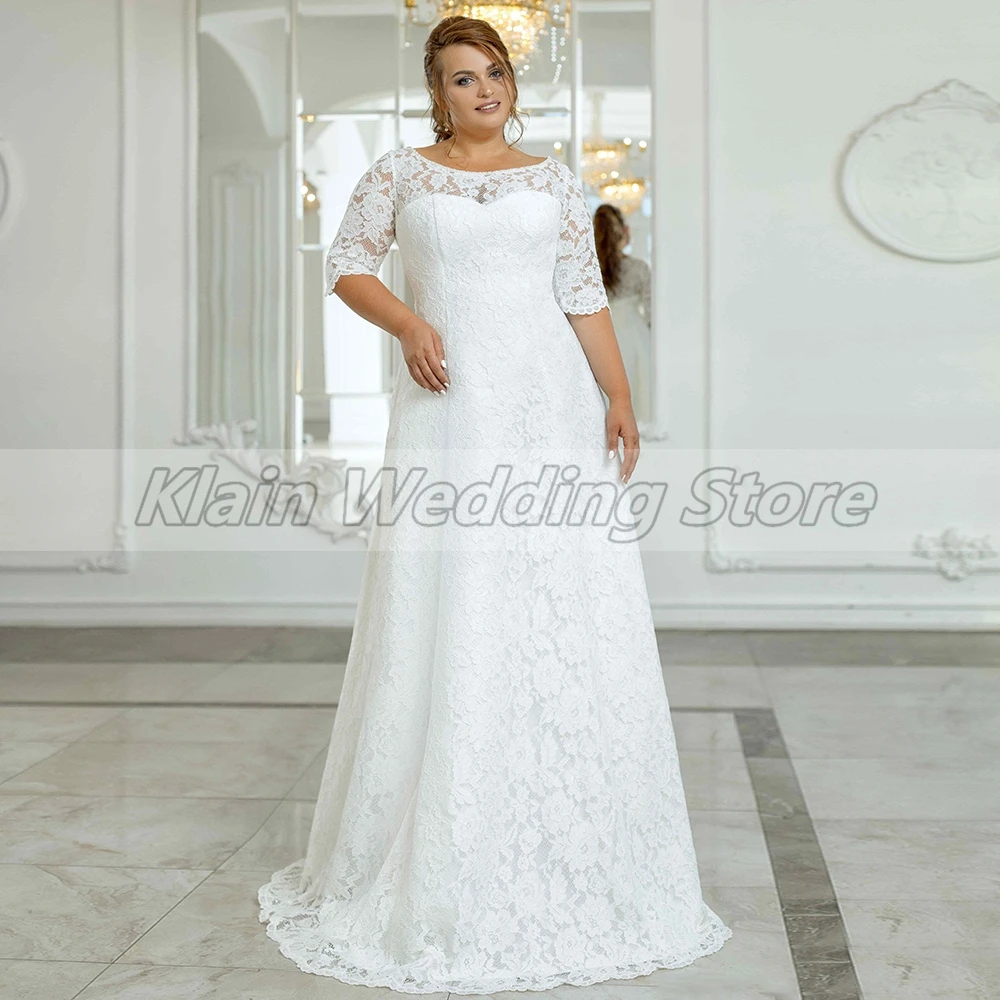 Customized Weilinsha Plus Size Lace Wedding Dresses Half Sleeves Scoop Corset Sweep Train Button Back A-Line Bridal Robe De Mari