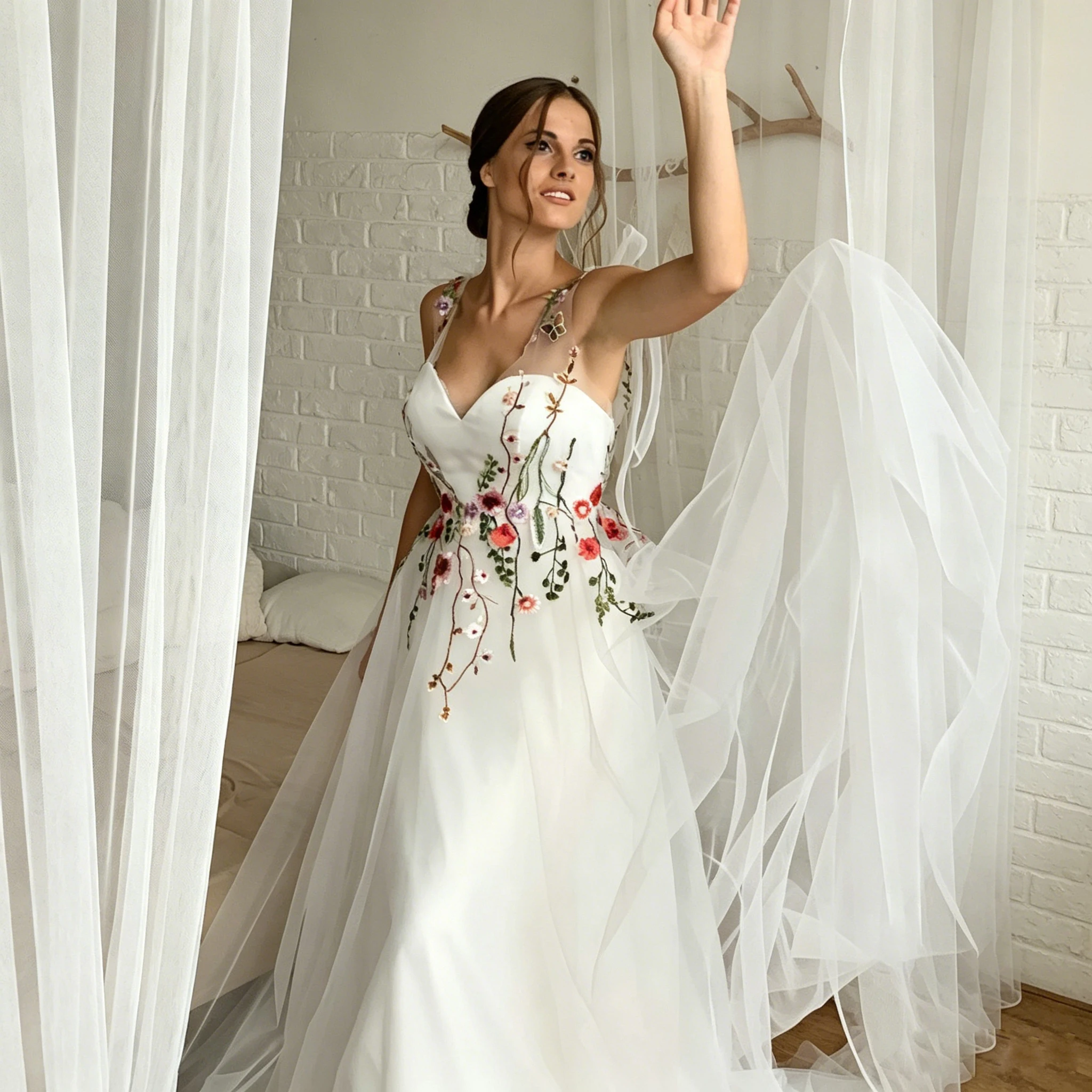 LSYX Maßgeschneiderte bestickte bunte Brautkleider, herzförmiges, rückenfreies Brautkleid, Schnürung, feenhaftes böhmisches Hochzeitskleid