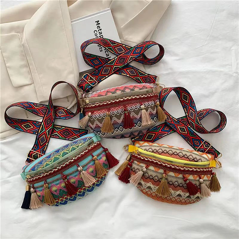 Women Folk Style Waist Bags with Adjustable Strap Variegated Color Fanny Pack with Fringe Decor Crossbody Chest Bags пояс сумка