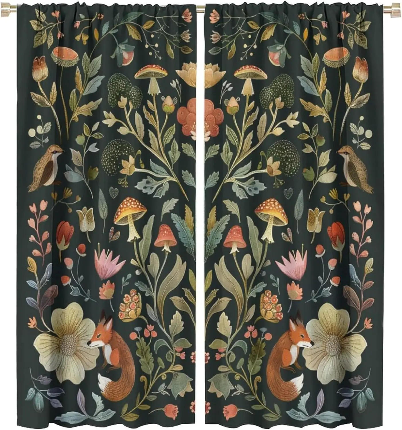 Whimsical Cottagecore Forest Botanical Curtains Polyester Woodland Fox Mushroom Floral Curtain Panel for Living Room Decor