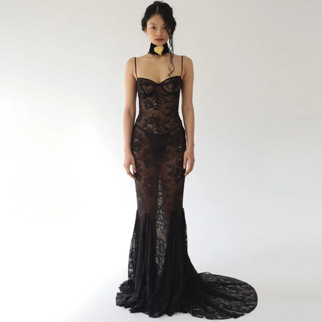 Spaghetti Strap Black Lace See Through Women Clothing Custom Made Event Dress Fashion See Through Mermaid Dresses Ever Pretty