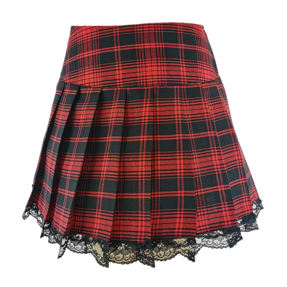 Plus Size New Contrast Lace Plaid Pleated Skirt Vintage Sexy Skater Clothes Harajuku Gothic Punk England Style Y2k Skirt