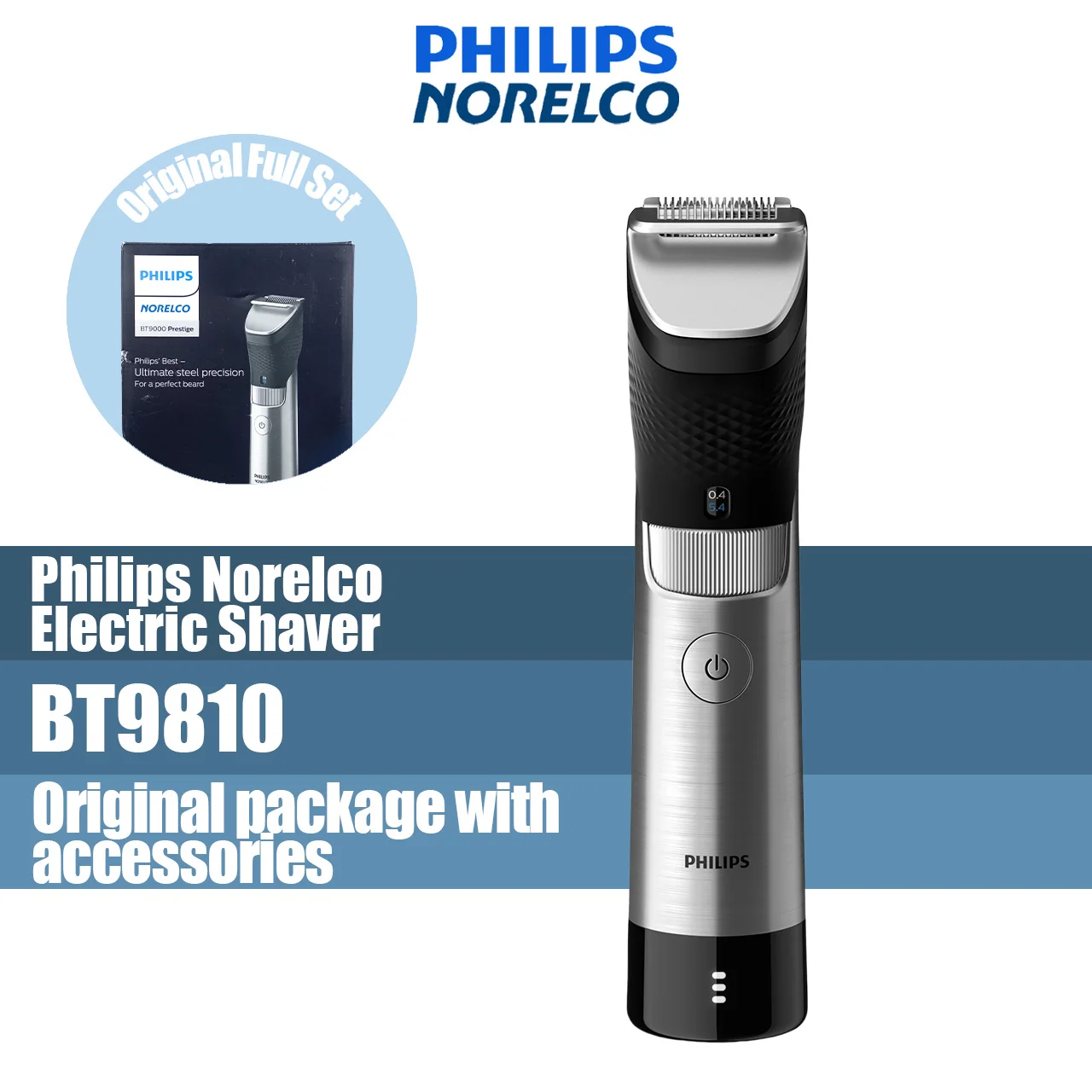 

Philips Norelco Rechargeable Hybrid Electric Trimmer and Shaver BT9810, Stainless steel 30 Lithium-Ion