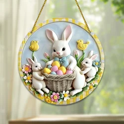Rabbit Home Pendant Spring Theme White Rabbit Tulip Flower Round Frame Decoration Cute Creative Home Decorations pink Background