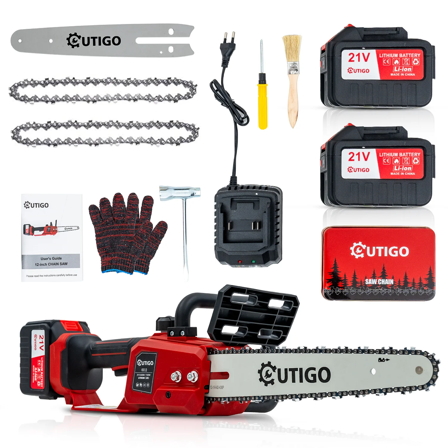 

XMSJ 12-Inch Cordless Brushless Electric Chainsaw with 2 Batteries & 2 Chains for DIY Wood Saw Applications Featuring 1 Charger