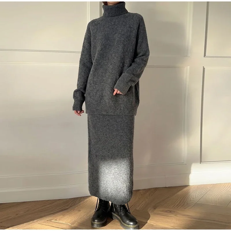Damenrock 2-teiliges Set, gestrickter Rollkragenpullover mit langen Ärmeln, gerade lange Röcke, schicke einfarbige Outfits für Frühling und Herbst. – Detail 9