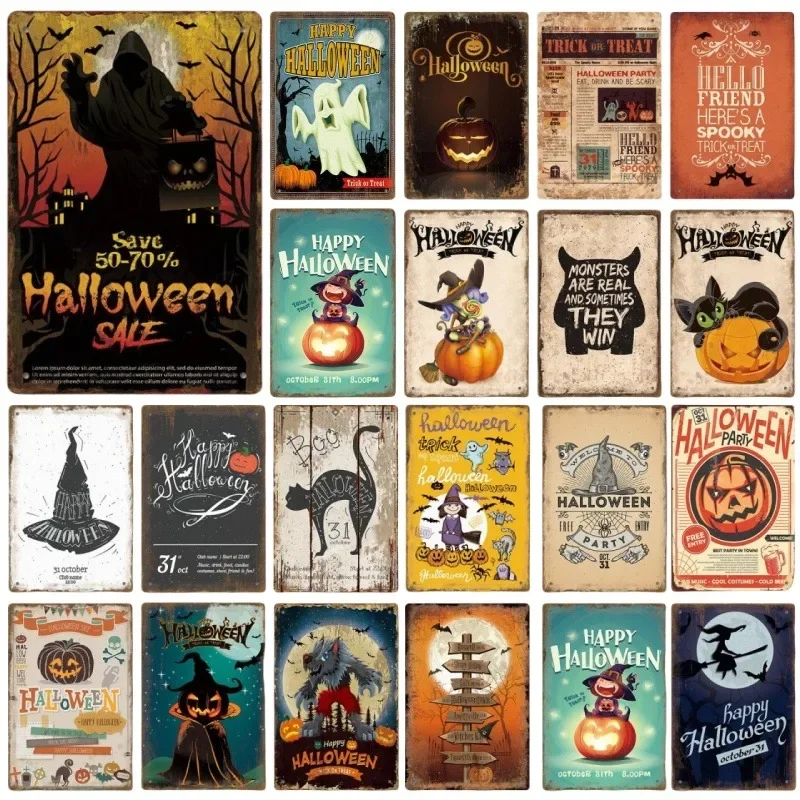 

Vintage Metal Tin Poster Halloween Metal Sign Posters Plate Colorful Visual Effect Wall Art for Cafe Bar Office Club Party Decor