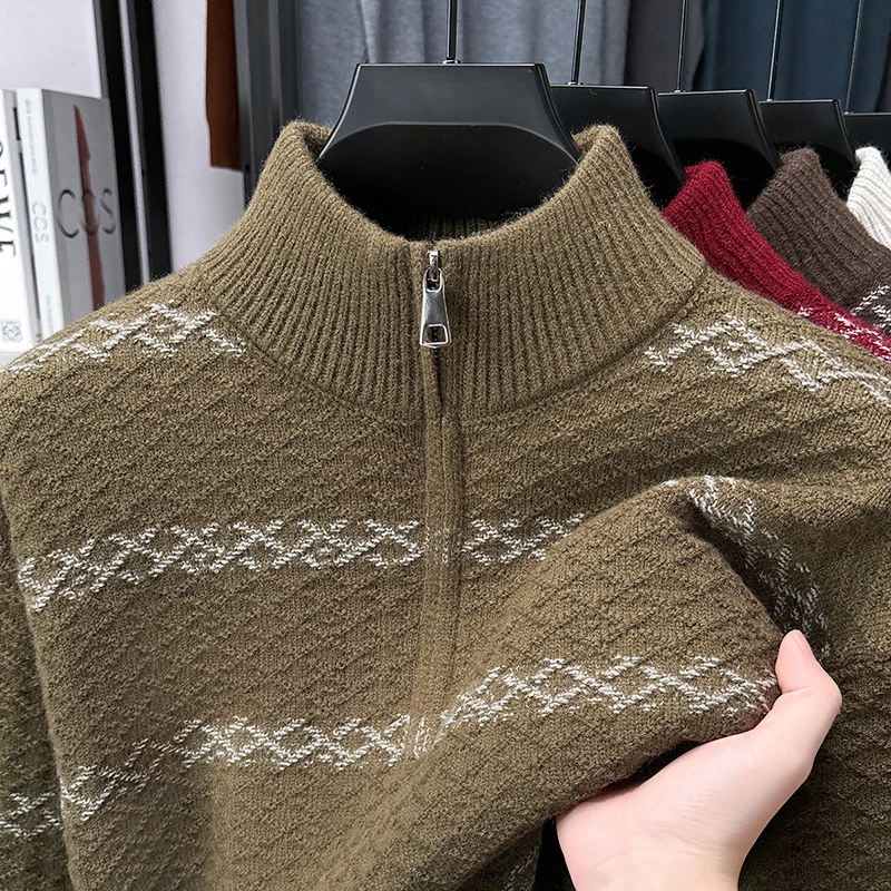 جودة فاخرة رجل طويل الأكمام تريكو رشاقته وهمية الرقبة سستة كابل غرزة غير تشوه بلوفر شتوي الترفيه الرجال القمم #4