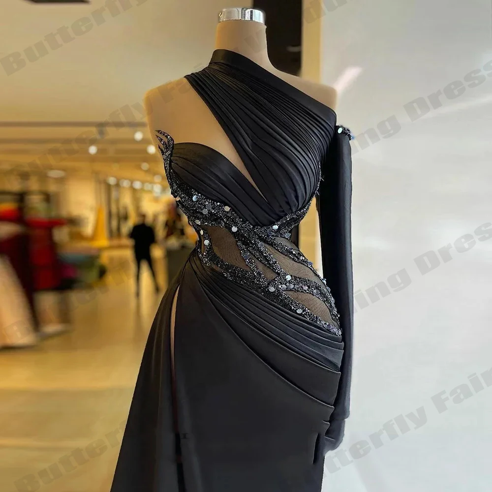 Robes de soirée noires pour femmes, robe plissée en satin, manches longues, Rhde princesse sirène, robe éducative, magnifique, une initiée