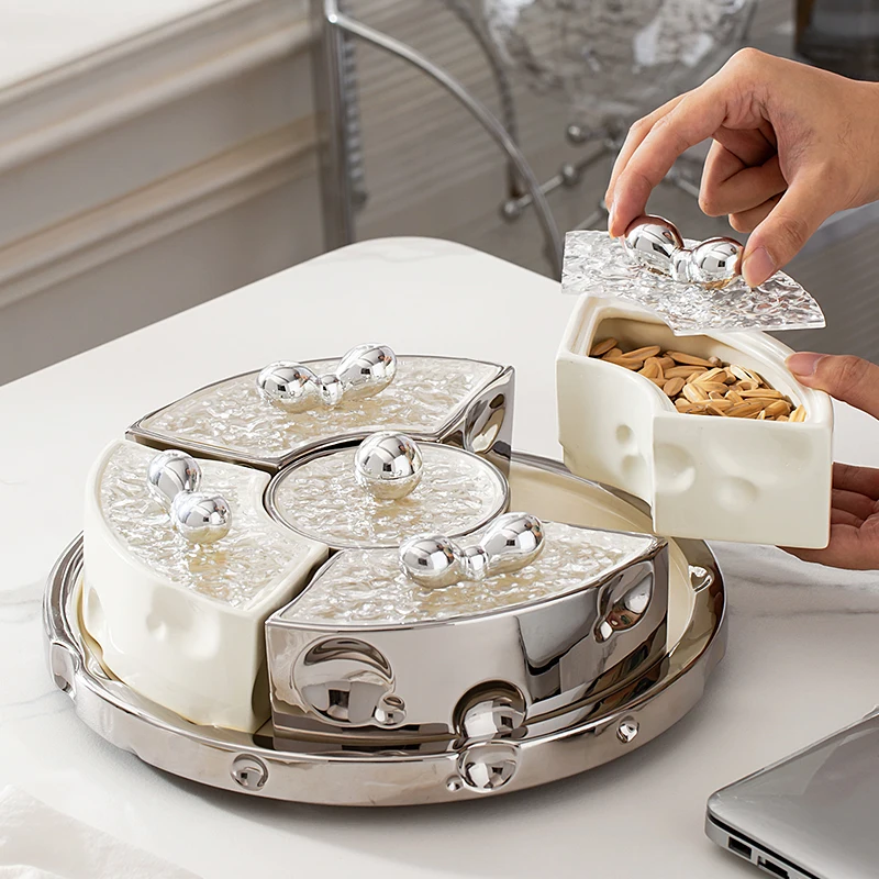 

fruit plate, storage box compartment, candy snack plate with lid, ceramic fruit plate, light luxury and high-end sense
