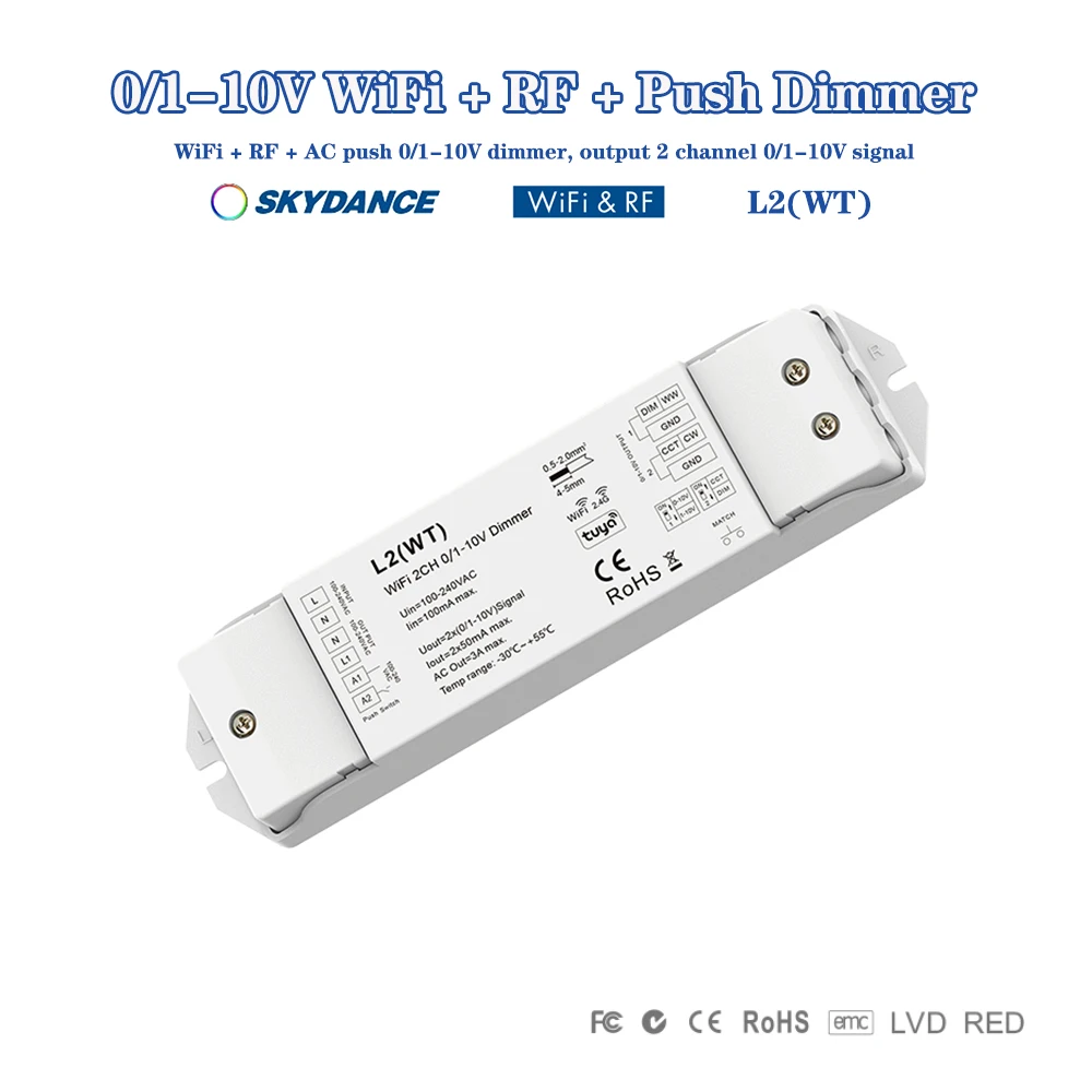 

Skydance L2(WT) 2CH AC100-220V WiFi+RF+Push Dim 0/1-10V Dimmer Tuya APP Controller DIP Switch For Single Color led Strip light
