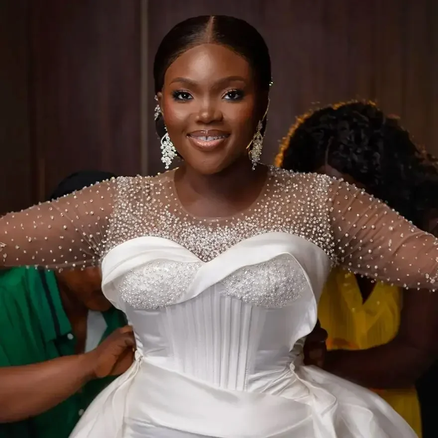 Customized Plus Size Mermaid Dress Bride Detachable Train Bridal Illusion Long Sleeves Pearls Satin Wedding Gowns For Africa