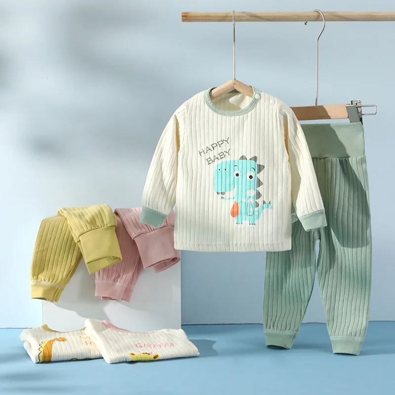 

Children's Set Boys' & Girls' 100% Cotton High-Waisted Thermal Pajamas Cartoon-Print Long-Sleeve T-Shirt & Pants Spring/Fall Set