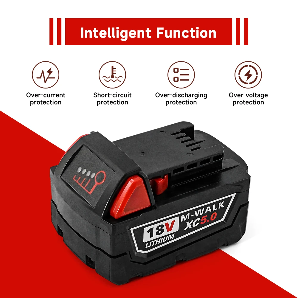 Dobíjecí lithiová baterie 18V 5000mAh s indikátorem kapacity pro Milwaukee M18 aku-pack, elektrický utahovák, vrtačku, sady elektrického nářadí - náhled 3