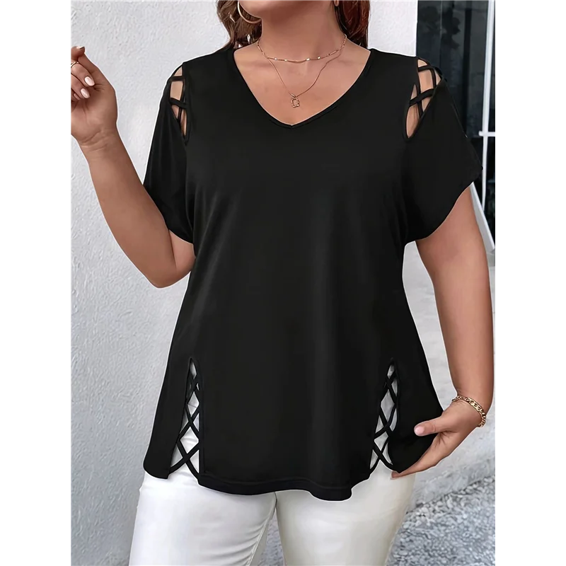 CYL-Womens Short Sleeve Tunic Tops Cut Out V Neck Dressy Casual Loose Fit Long Tops