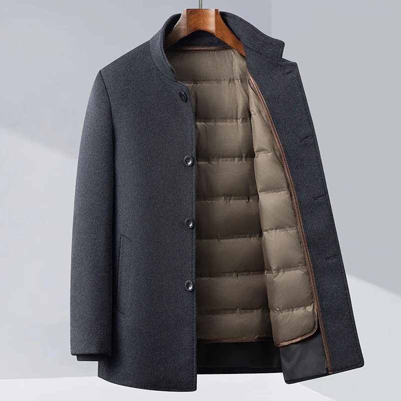 

Новинка 2025, деловое повседневное шерстяное пальто для мужчин, утолщенное повседневное пальто с воротником-стойкой, съемная пуховая подкладка, зимнее пальто для папы