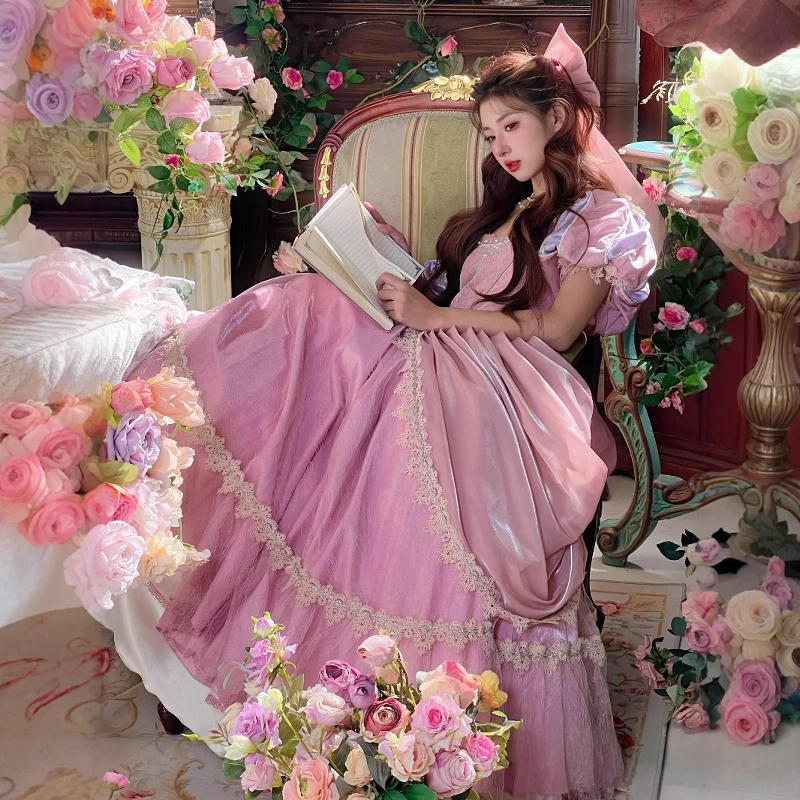 2025年新作 夏 レディース スリムフィット エレガント 重工 フェアリードレス コスチュームドレス スイートプリンセス ティーパーティー ピンク ロリータ ロングドレス