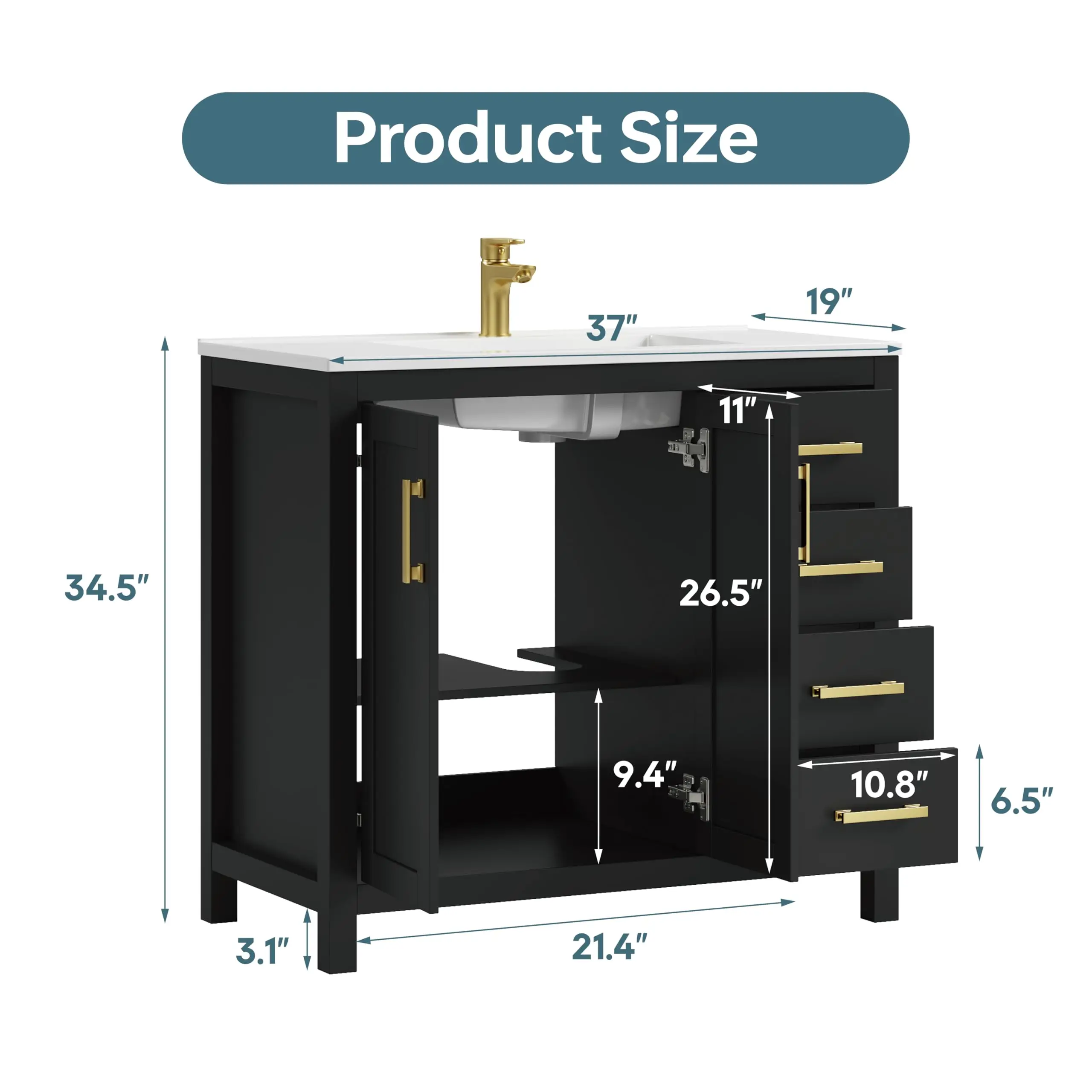 36 Inch Modern Bathroom Vanity with Sink, Black