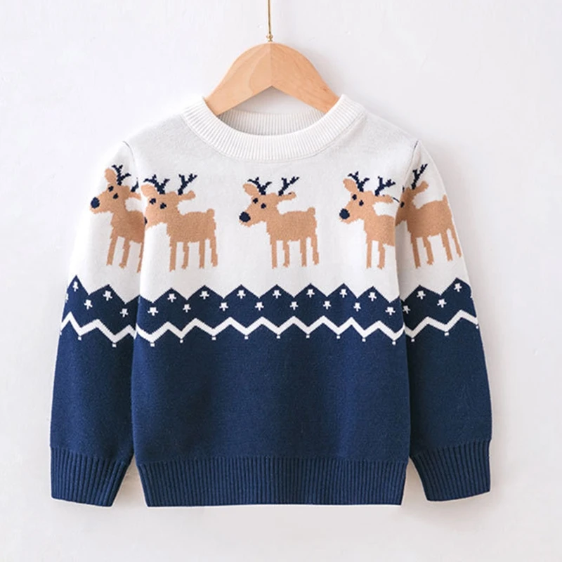 

Kids Cartoon Elk Jacquard Christmas Warm Knitted Crew Neck Pullover Sweater Knitwear Baby Boys Girls Autumn Winter Xmas Sweaters