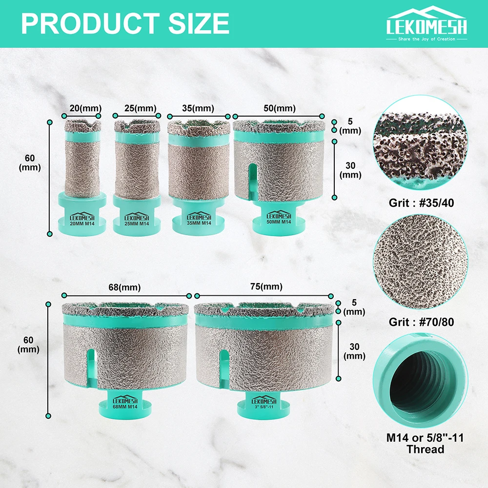 LEKOMESH broca de perforación de diamante, broca de fresado de azulejos para taza de porcelana, sierra de granito, mármol, taladro de azulejos,