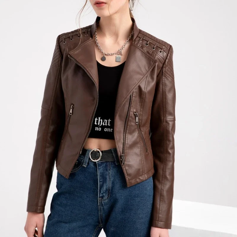 Spring autumn Handsome trend Leather women thin PU coat motorcycle wear women new outlook jacket women leather jacket 2024