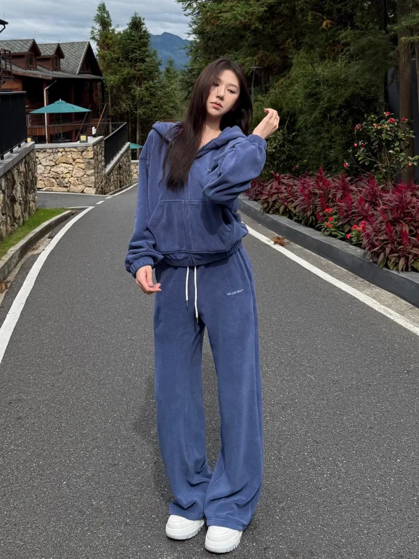 

Повседневный спортивный комплект American Sle Spicy Girl, женский осенне-зимний синий свитшот с капюшоном, длинные брюки, комплект из двух предметов