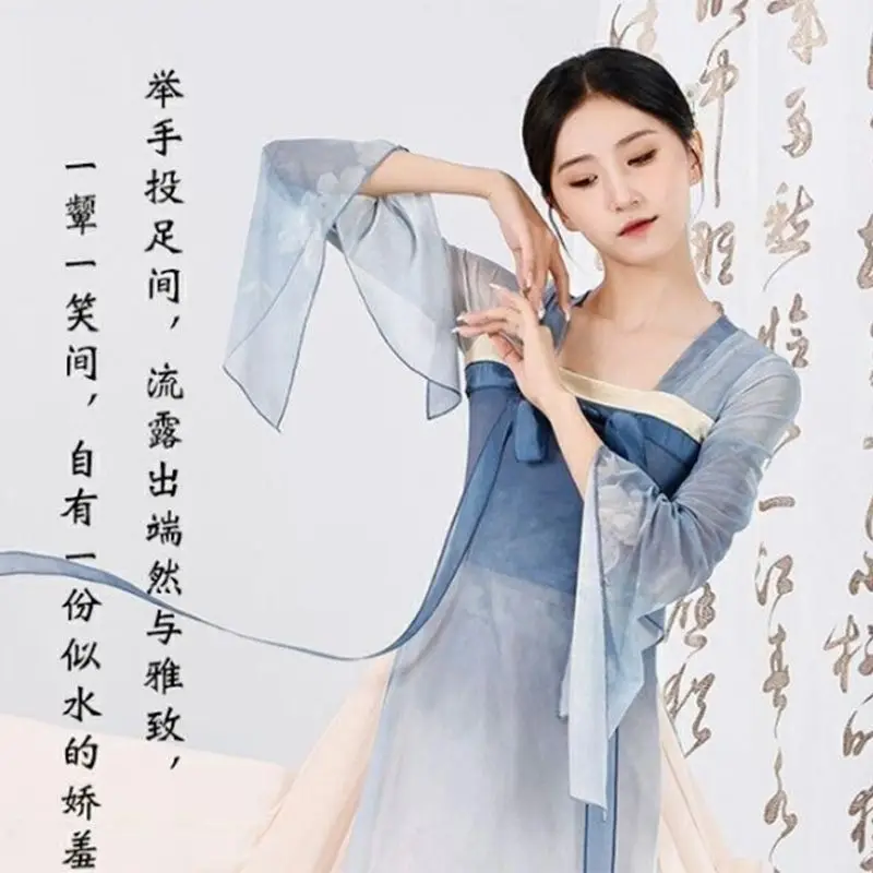 Tenue de danse classique pour femme, ensemble Hanfu fluide, grande jupe pivotante, costume de danse chinoise, ensemble d'entraînement, tenue de performance avec ruban