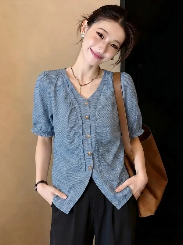 

Stylish Blue V-Neck Short Sleeve Shirt Women's Summer New Style Large Size Fat MM Anti-Aging Top Korean Version Loose Fit