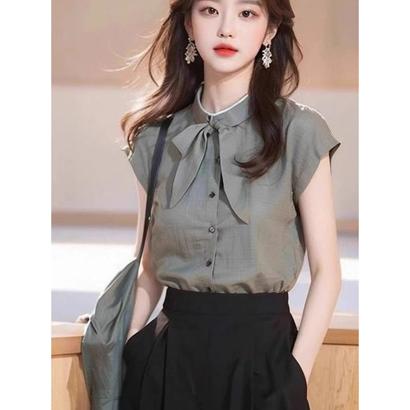 Ele Unique Beautiful ort Sve Loose Fit Stand Collar  Knot Women's irt Korean Sle Commute Faion