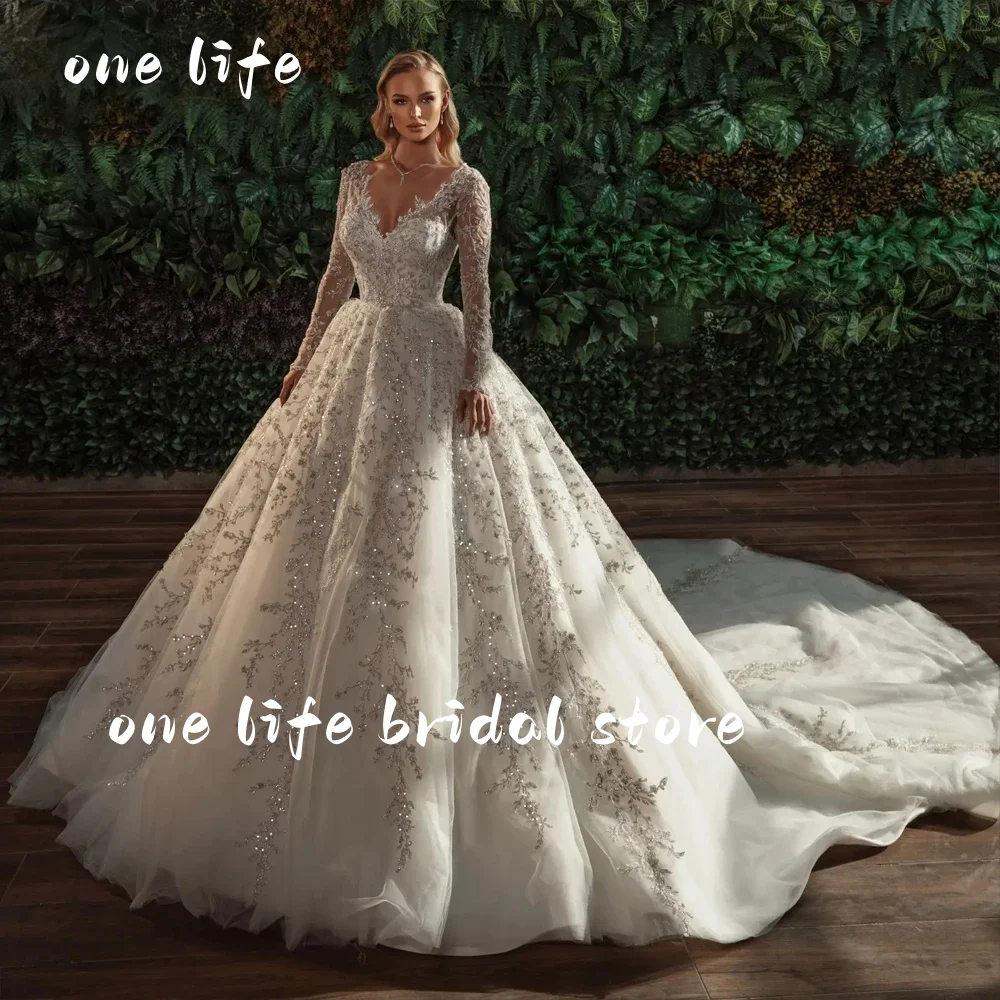 Onelife feito sob encomenda de luxo bordado apliques vestido de casamento de renda graciosa mangas completas com decote em v vestidos de noiva
