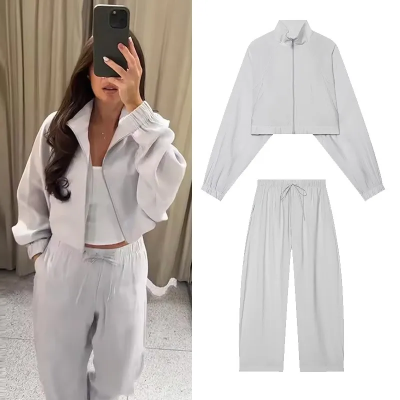 HipSeam Women's Mid Waist Pants 2 Pieces Set New 2026 Spring High Neck Fluid Cropped Jacket Flowing Trousers Female Outfit