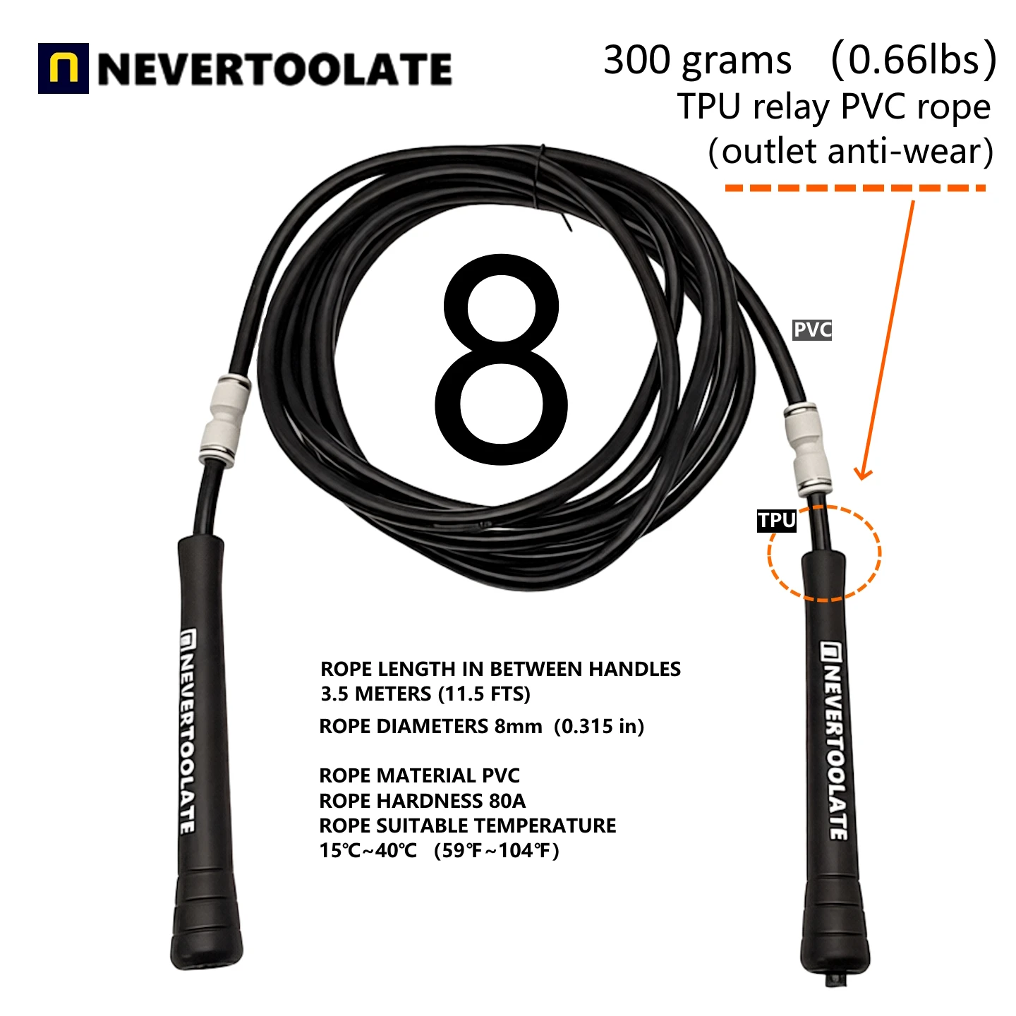 Corda de Pular Pesada de 8mm, 300 Gramas, 3.5 Metros com Função Antidesgaste em PVC TPU, Resistente a Baixas Temperaturas