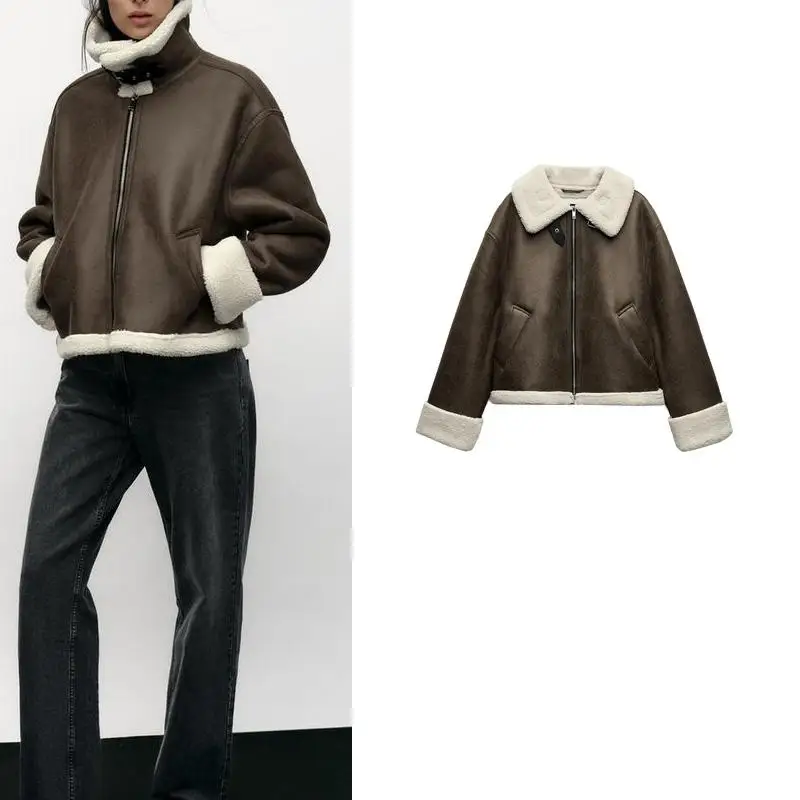 Jaqueta Curta de Couro com Gola Retro e Manga Longa para Mulheres, Nova Chegada de Outono Inverno, Material Inteado, Gola P...