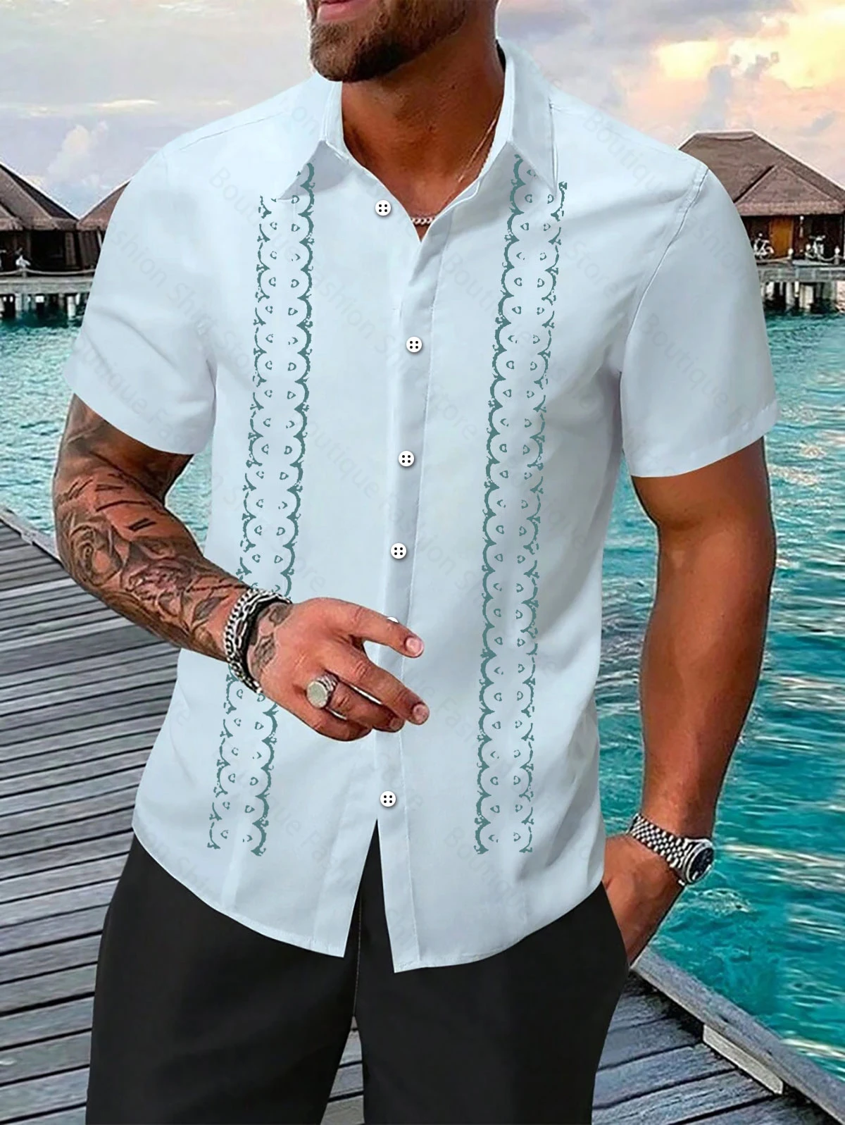 Men\'s shirt casual short-sleeved striped striped lapel Hawaiian holiday clothing comfortable top large size XS-6XL fast delivery