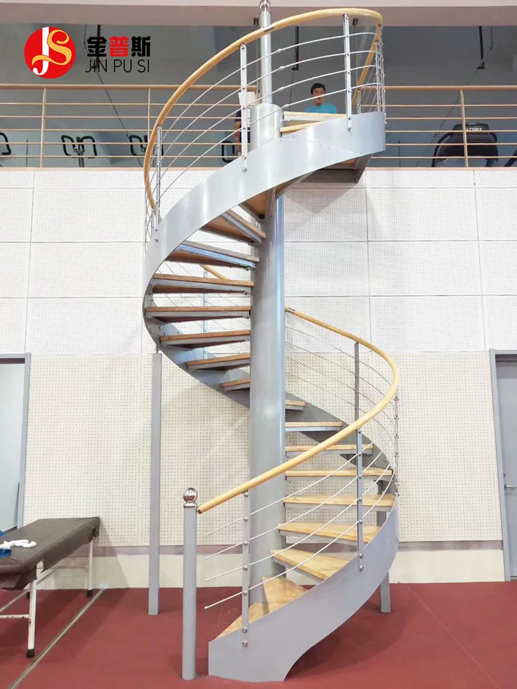 Custom indoor and outdoor curved steel structure wrought iron coil steel and wood rotating stairs home villa jump floor glass st