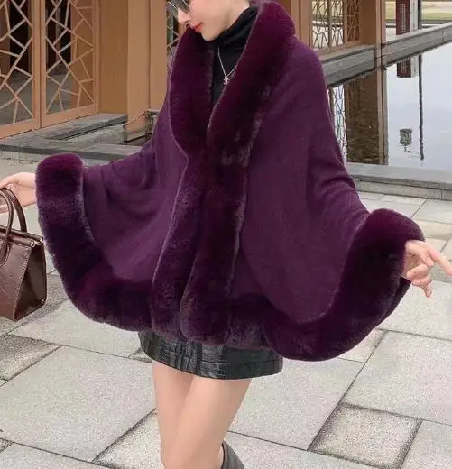 

Новая мода 2025 года, шаль с воротником из искусственного кроличьего меха выдры, накидка, осенне-зимний женский вязаный кардиган, свободная куртка, пальто