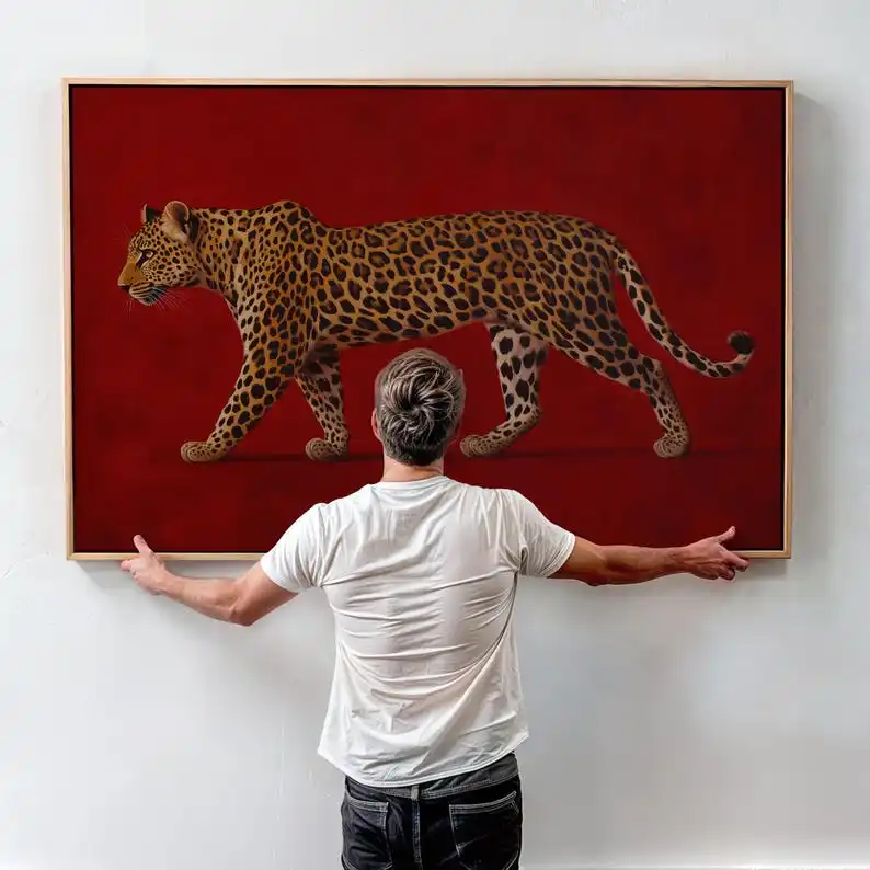 Vintage Red Leopard Canvas Wall Art Painting Frameless Maximalist Old Money Artworks for Luxury Masculine Bedroom Decortion Gift
