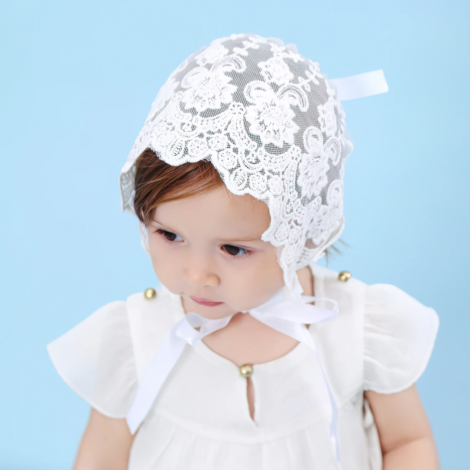 

1pc Adorable Lace Baby Cotton Hat For Girls Adjustable Comfortable Spring Summer Wear Photo Prop White