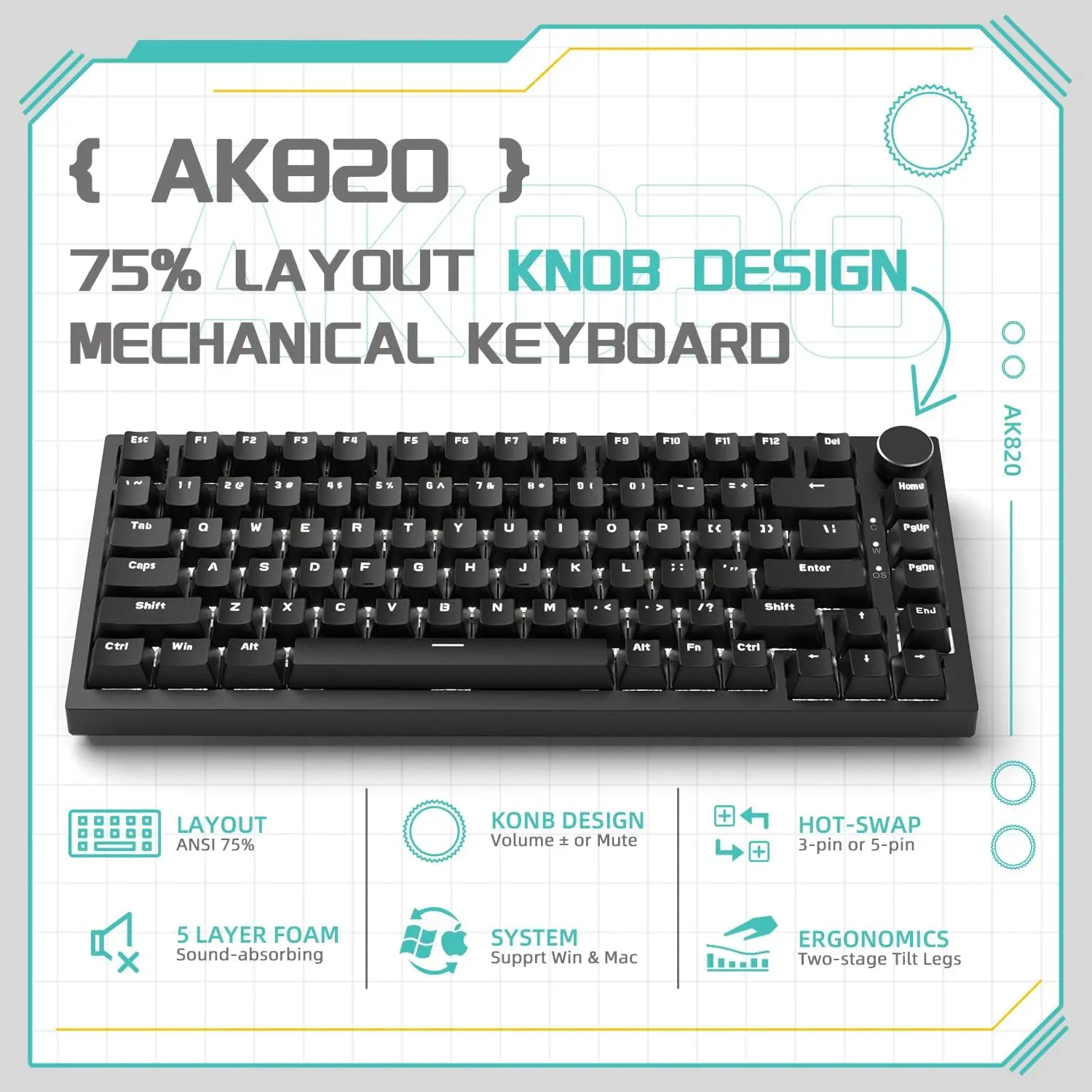 ATTACK SHARK x AJAZZ AK820 Wired Gaming Mechanical Keyboard with CNC Knob Control 75% ANSI Layout Hot-swap for PC MAC Windows