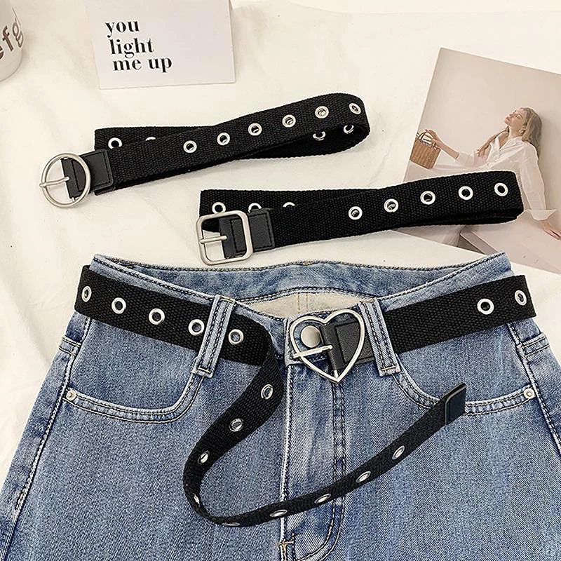 

Alloy Heart Square Round Buckle Hollow Unisex Belt Versatile Decorative Canvas Jeans Women's Belt Fashion Ins Style Black Belt