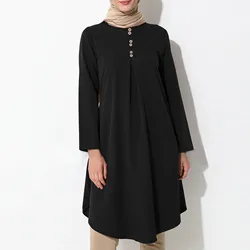 Women Muslim Solid Color Button Stitching Fashion Casual Dress Long Sleeve Prayer Clothes Knee Length Solid Women's Muslim Dress