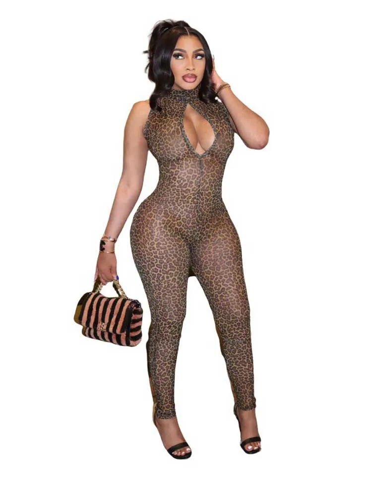 여성을위한 전체 길이 점프 슈트 원피스 스키니 여성 점프 슈트 홀터넥 넥 레오파드 프린트 점프 슈트 도매 Dropshipping