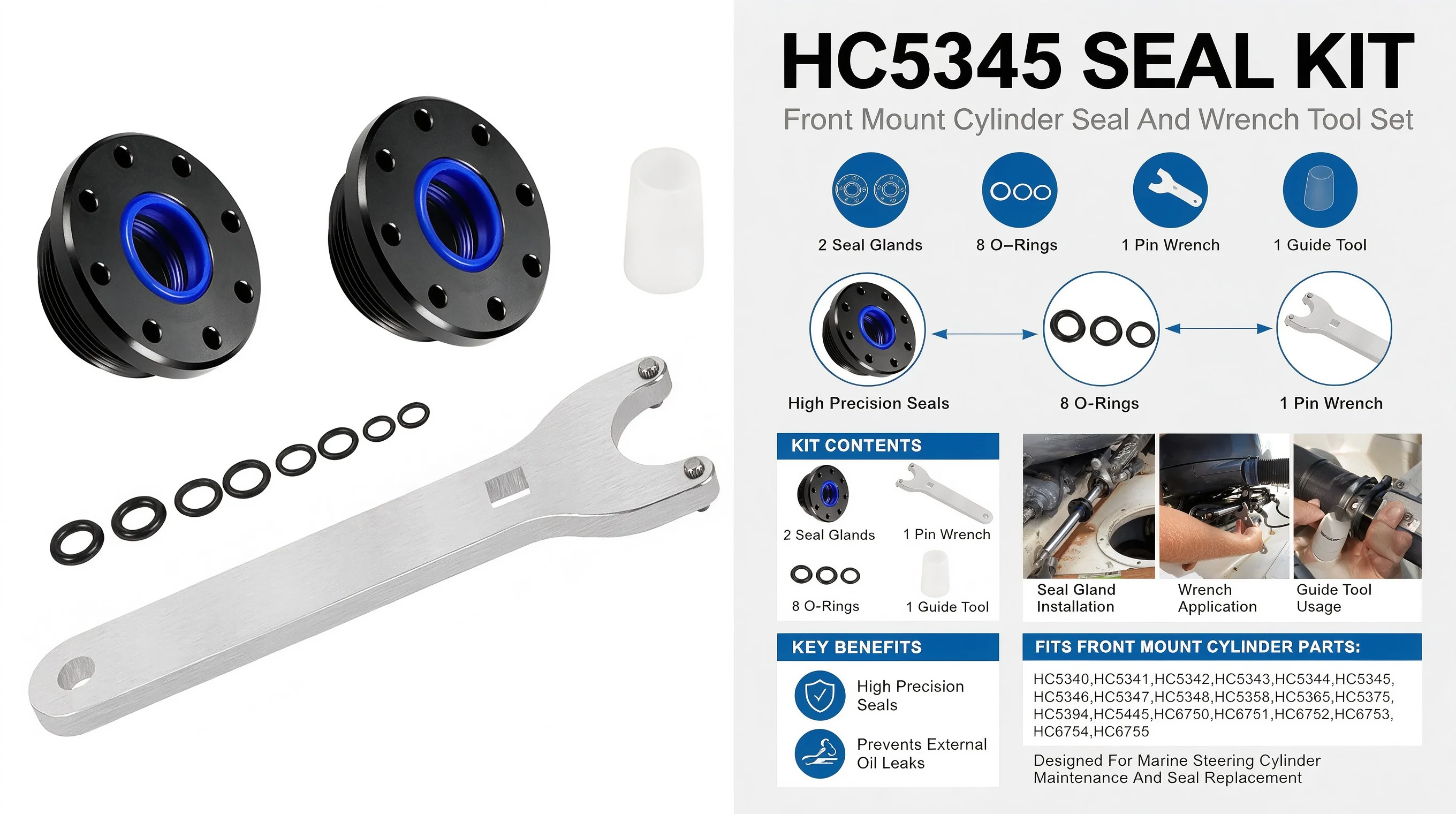 HC5345 Dichtungssatz, vorne montierte hydraulische Lenkzylinderdichtung mit Stiftschlüssel, passend für HC6750, HC6751, HC5340, HC5341, HC-Serie – Detail 2