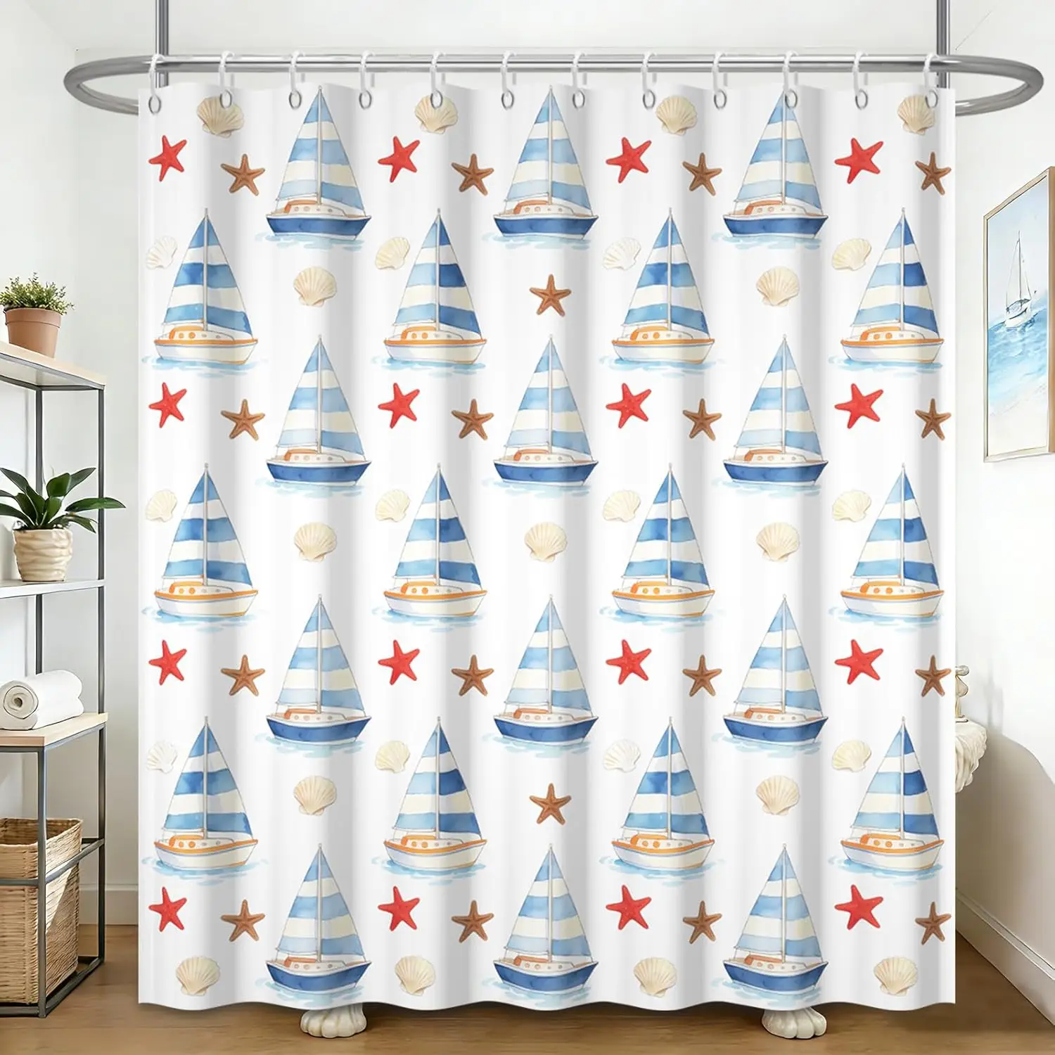 

Nautical Blue Sailboat Shower Curtain,Watercolor Coastal Sail Boat Starfish Seashell Print Waterproof Polyester Fabric Shower
