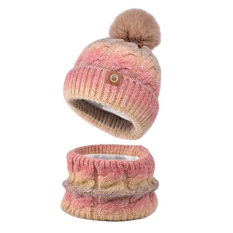 Winter Lady Warm Hat Scarf Two-piece Set Fleece Thickened Gradual Change Color Knitted Skiing Hat Fashion Pullover Hat for Women 6