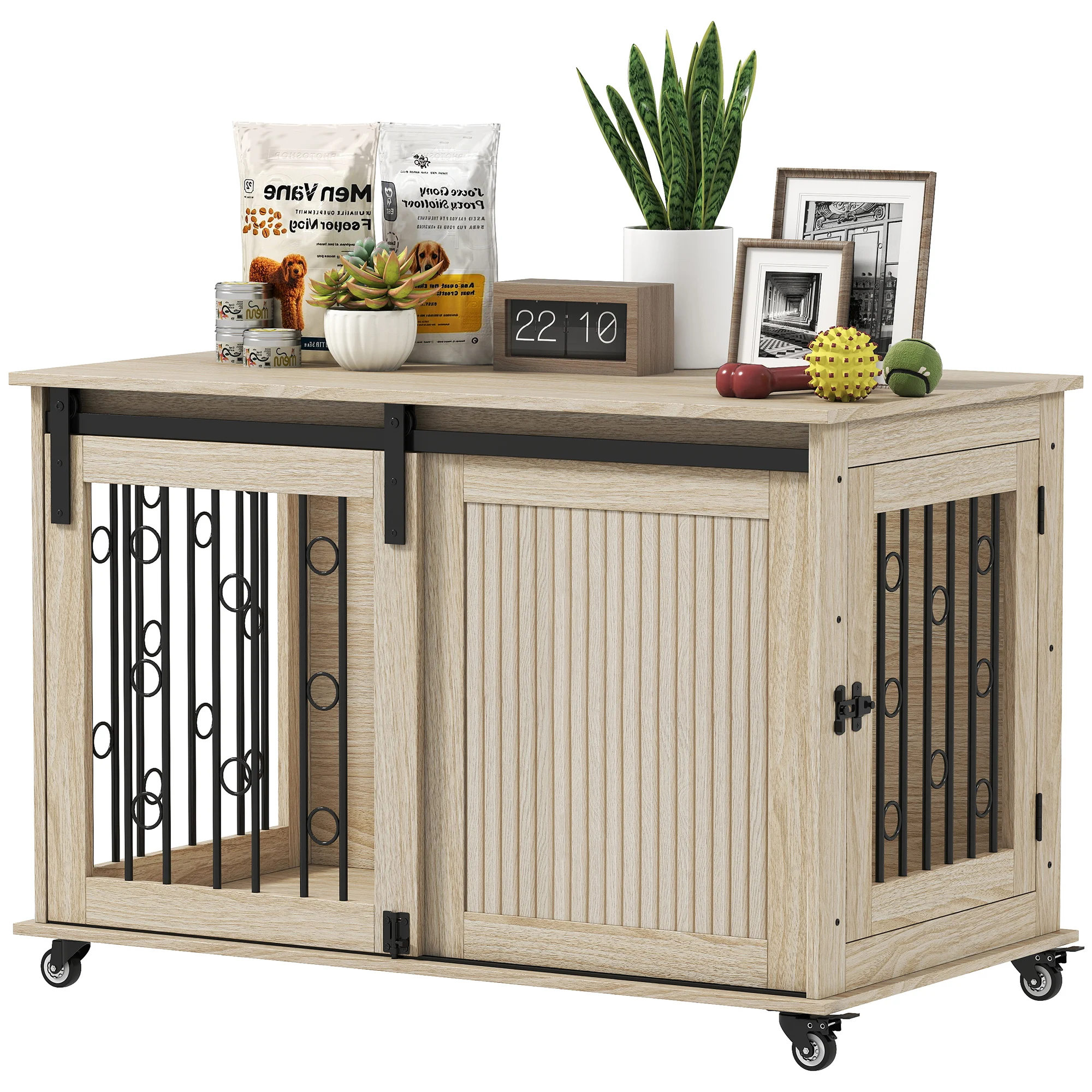 Pawhut kooi voor middelgrote en grote honden Moderne bijzettafel met 2 deuren en sluiting 100X56X65 cm Eiken