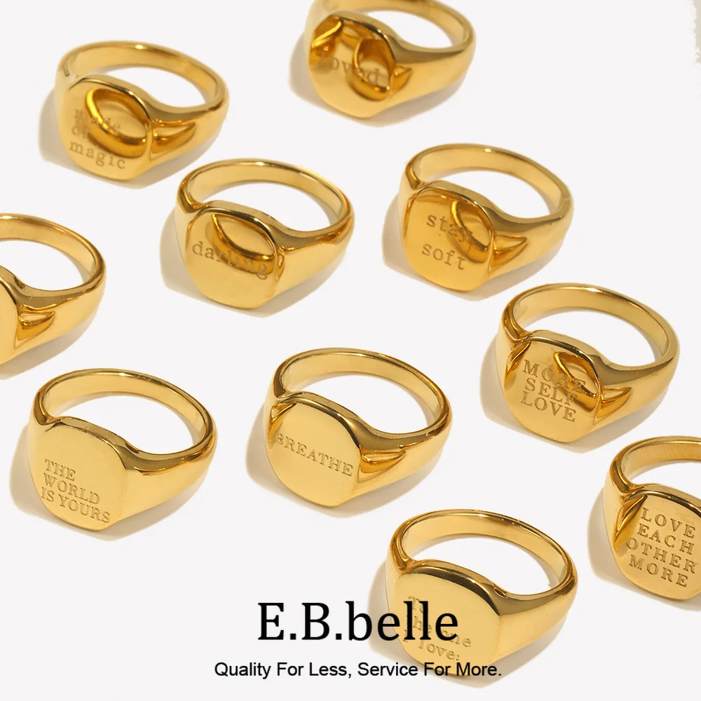 E.B.belle Engrave Jewelry Gift Minimalist Letter Word Suqare Stainless Steel Ring Water Resistant Gold Ring Plated For Women