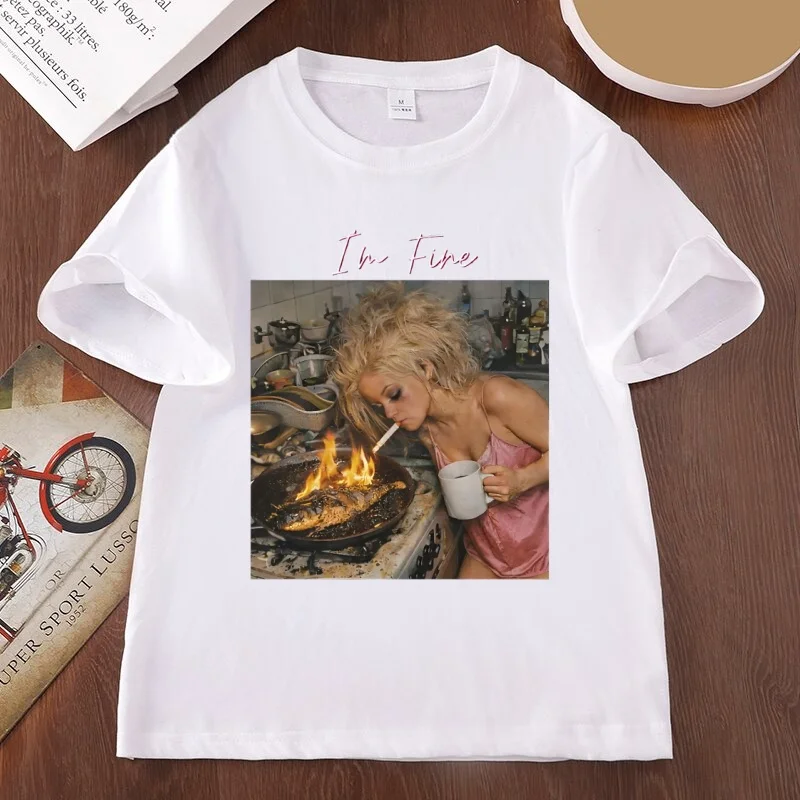 I'm Fine Funny Graphic Tee Chaotic Morning T-Shirt Shocked Doll Face T Shirt Edgy Dark Humor Tshirt Cotton Short Sleeve Round